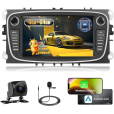 Fuluku 4+64G Android Car Radio for Ford Focus C-Max S-Max Mondeo Kuga Galaxy with Wireless Carpaly & Android Car, 7 Inch IPS Touch Screen Radio with Bluetooth 5.0/GPS/Reversing Camera/FM/WiFi/SWC
