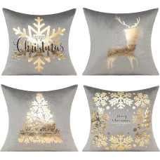 Visi šypsosi Pilka aukso Kalėdų dekoracijos mesti pagalvė padengti 18 x 18 colių rinkinys 4 žiemos Xmas vidaus namų atostogų dekoro ornamentai Velvet Navidad pagalvėlė lovos sofa sofa Kalėdų eglutė elnias