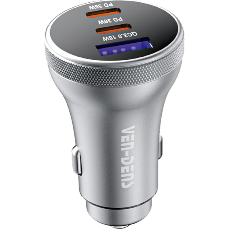 Ven-Dens 90W USB C automobilinis įkroviklis, QC5.0 PPS PD3.0 greitasis įkrovimas, 3 prievadų 36W + 36W + 36W + 18W automobilinis adapteris su LED šviesa, suderinamas su 