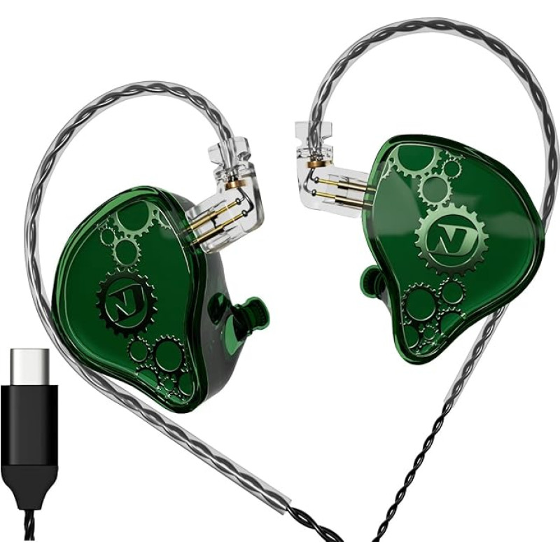 KAMINRUN ND Venus In-Ear Monitor ausinės, 10 mm dvigubo magnetinio dinaminio draiverio IEM ausinės, HiFi laidinės žaidimų ausinės, 2 kontaktų nuimamas kabelis (be mikrofono, žalios spalvos, USB-C prievadas)