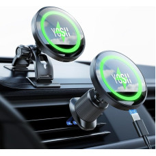 YOSH Mag-Safe Car Mount, Mobile Phone Holder Car with Charging Function, Metal Double Hook & 3M Base, for Dashboard or Ventilation, 15 W Car Inductive Charging Station for iPhone 16/15/14/13/12