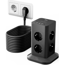 TESSAN kelių lizdų apsauga nuo viršįtampių su 10 m ilginimo kabeliu, 8 jungčių maitinimo juosta su USB C ir 3 USB A, 3600 W 16 A maitinimo juosta, kištukinis paskirstymo lizdas namams, juodas