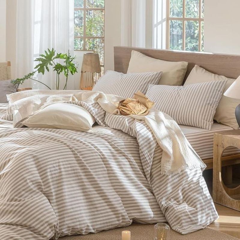 Lanqinglv Patalynė 155 x 220 cm, medvilninė dryžuota smėlio ir baltos spalvos, 100% Renforce patalynės komplektas su užtrauktuku, Oeko-Tex patalynė, tinkama alergiškiems žmonėms, 1 antklodės užvalkalas ir 1 pagalvės užvalkalas 80 x 80 cm