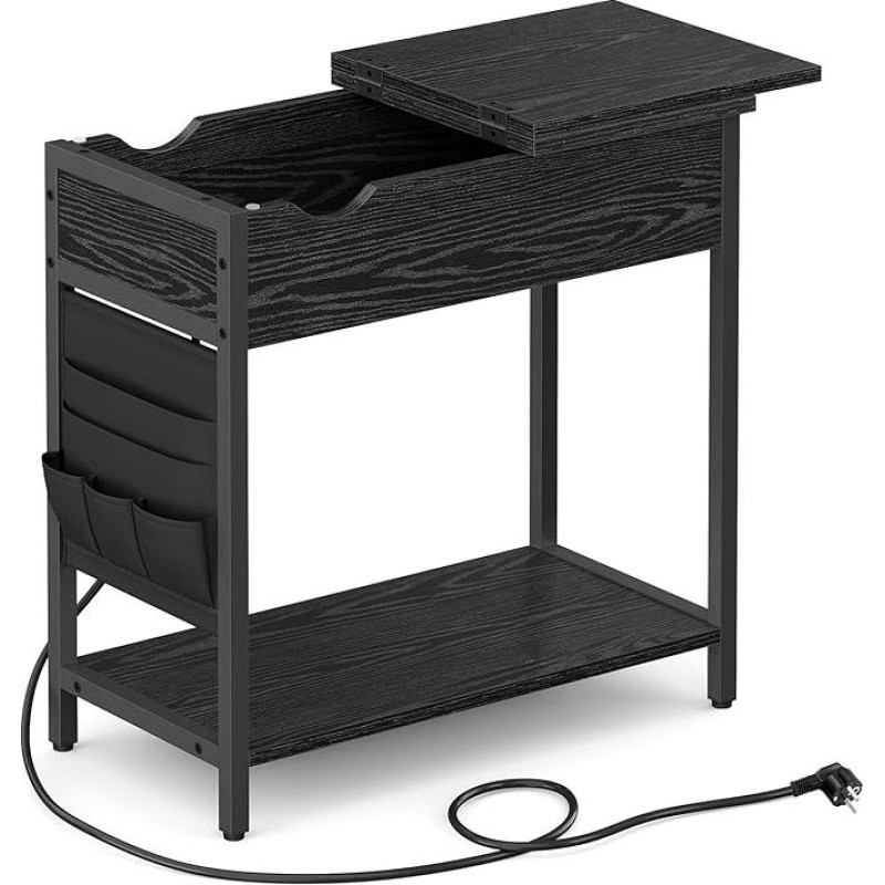 VASAGLE šoninis staliukas Naktinis staliukas su kišeniniu lizdu Plonas USB prievadas Kišenė Gyvenamasis kambarys Miegamasis Juoda medžio tekstūra LET311B56