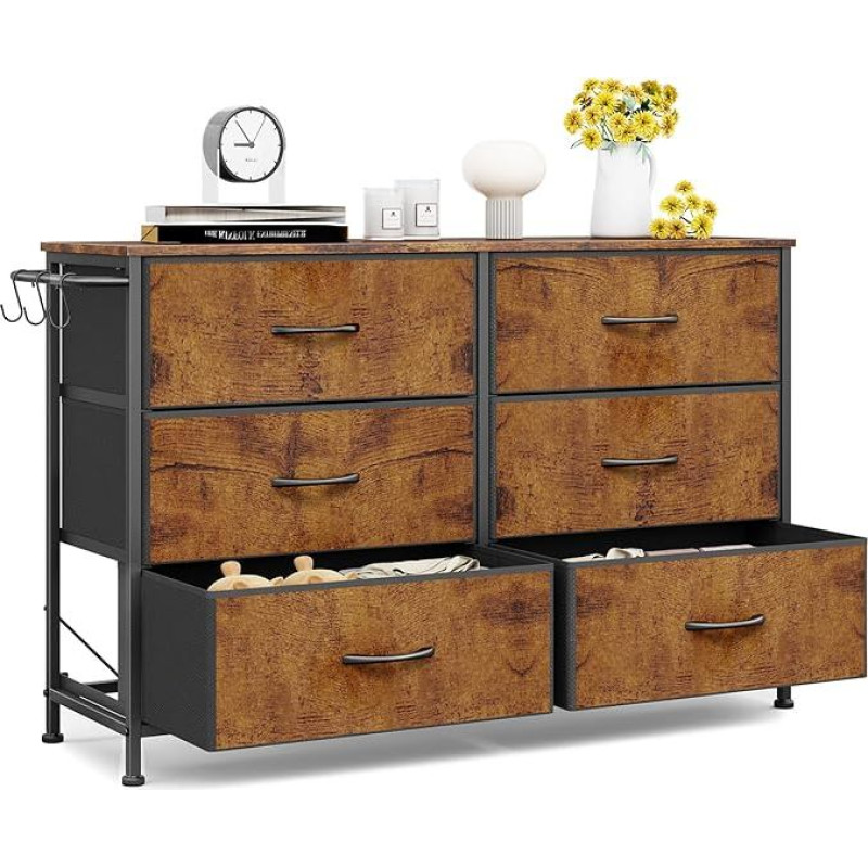 Prieškambario komoda su 6 medžiaginiais stalčiais - Svetainės pramoninė metalinė stalčių spintelė - Įėjimo zonos rustikali spintelė - Miegamojo medžiaginė drabužių komoda - Rustic Brown 100 x 30 x