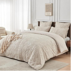 YASMENG Boho Patalynė 155 x 220 cm Smėlio spalvos šabloninė geometrinė dryžuota patalynė Boho šiuolaikinė estetiška patalynė Minkšta mikropluošto patalynė 3 dalių su užtrauktuku ir 2 pagalvių užvalkalais 80 x 80 cm