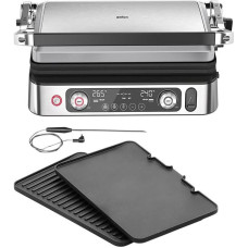 Braun MultiGrill 9 Pro CG 9160 Electric Grill with 2 Independent Thermostats, 3 Cooking Positions, Dishwasher Safe Plates, Integrated Thermoprobe, 2200 W, Black/Stainless Steel