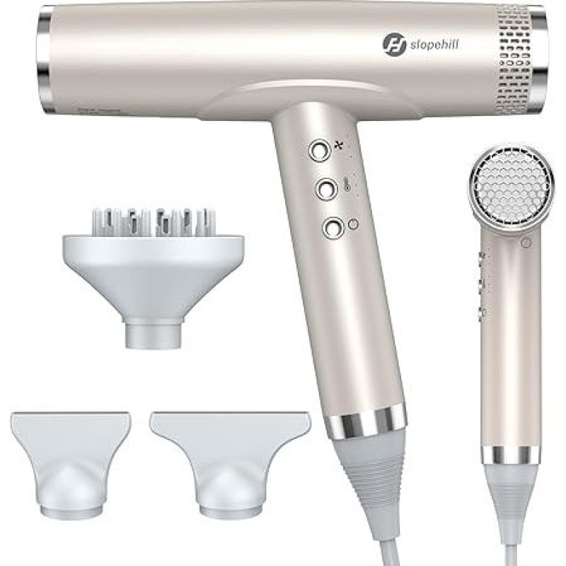 slopehill Ionen Haartrockner, 110,000RPM Bürstenloser Motor Schnelles Trocknen Föhn mit Magnetischer Diffusor, Wenig Lärm/Biokeramische Technologie, für Zuhause, Reisen, Salon (Champagne Gold)