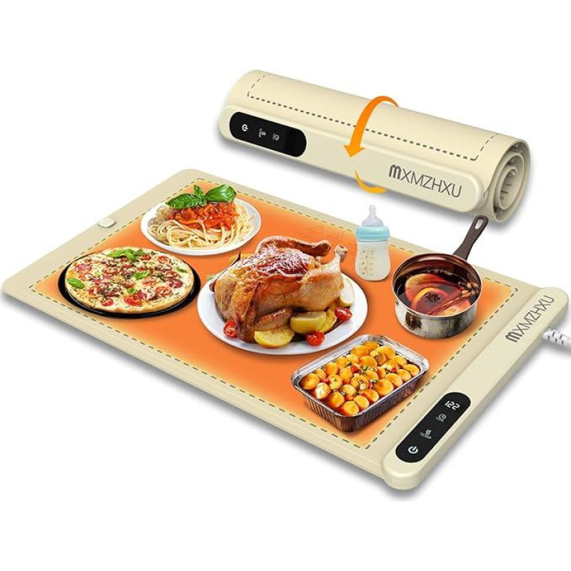 MXMZHXU elektrinė šildymo plokštė, grafeno šildymo kilimėlis, 6 reguliuojamų temperatūrų šilumos plokštė maistui, 0-6H laikmatis šilumos padėklas susirinkimams, vakarėliams, bufetui (balta)