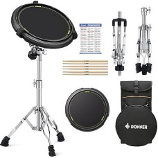 Donner Drum Practice Pad Stand Set, Snare Drum Stand with 12 Inch Silent Drum Pad, Drum Sticks, Backpack, Adjustable Stand, Suitable for Drums with 10 - 14 Inch Diameter (Black)