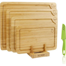 Schneidebrett 4er-Set mit Ständer, Bambus Schneidebretter mit Lebensmittelsymbolen, Servier Charcuteriebrett für Fleisch, Gemüse, Obst und Käse