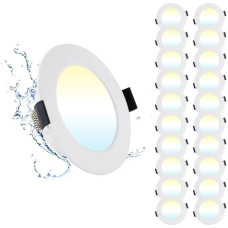 Grebeam Set of 20 7 W LED Recessed Spotlights, 230 V, Flat, 3 Colour Temperatures, 3000 K - 6000 K, IP44 LED Spotlights, 230 V, Diameter 95 - 110 mm, Hole Spotlights, Outdoor Ceiling Spotlights