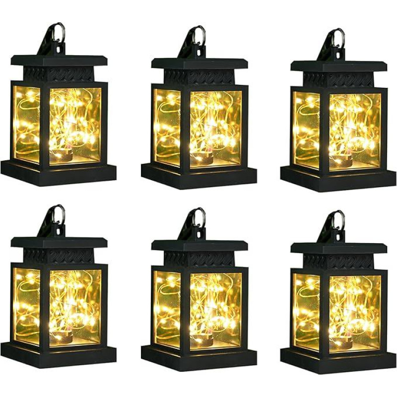 JHY DESIGN 6er Set Outdoor Solar Hängelampe Leuchten Solarbetriebene mit Griff LED Tischlampe Deko Solarlaterne Hängend für Garten Terrasse Hinterhof Hof Weg Balkon Draußen Außen (mit Klemme)