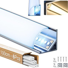 GEEKLUX LED Corner Profile Aluminium 1 m x 6 Pieces (Total 6 m) for LED Strips, V-shaped LED Channel with LED Diffuser, 90 Degree LED Rail, Ideal for Ceilings, Stairs and Corners - 15.8 x 15.8 mm