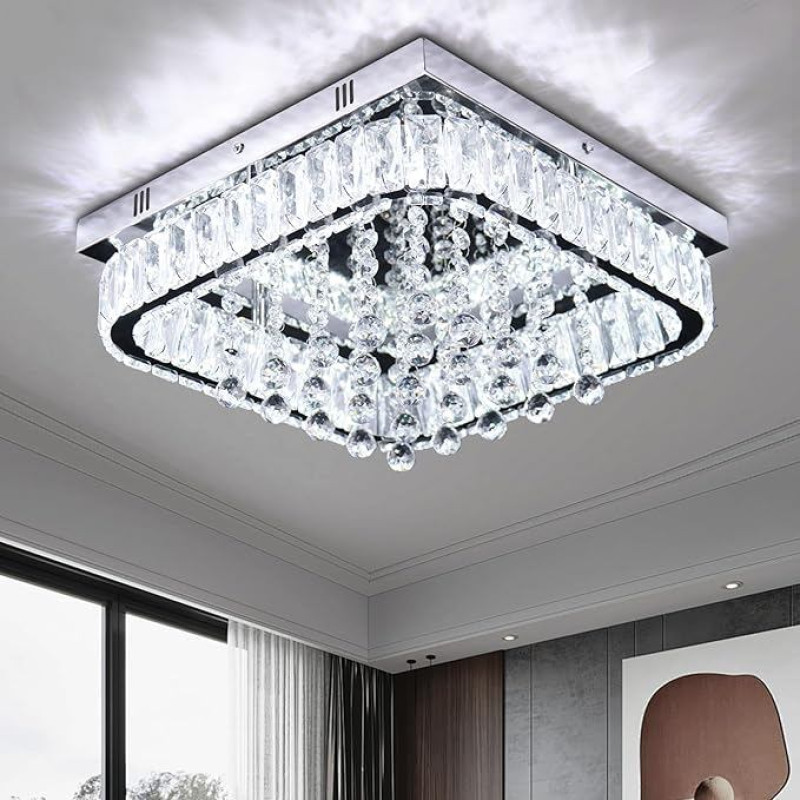 xychfantligh Square Modern LED Crystal Chandelier Flush-Mounted Crystal Ball Ceiling Light for Living Room Bedroom Hallway (Cool White)
