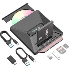 SUIDEK išorinis CD DVD diskas, nešiojamasis CD DVD tvarkyklės +/-RW įrašymo įrenginys su 2,5 colio SATA, SD kortelių skaitytuvu ir A tipo C 2.0 USB šakotuvu, suderinamas su nešiojamuoju kompiuteriu