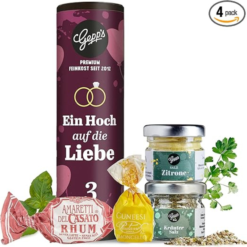 Gepp's Feinkost Ein Hoch auf die Liebe I Vestuvių dovana gurmanams nuotakai ir jaunikiui I Registracijos biuro dovana su prieskonine druska ir smulkiais šokoladukais I Dovanų idėja taip pat tinka kaip piniginė dovana vestuvėms