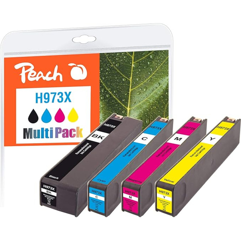 Peach H913/973 Spausdintuvo kasetės XL (BK, C, M, Y) pakeičia HP Nr. 973X, L0S07AE, F6T81AE, F6T82AE, F6T82AE, F6T83AE - suderinamos su naujausia spausdintuvo programine įranga - pvz., HP PageWide Pro 477 dw