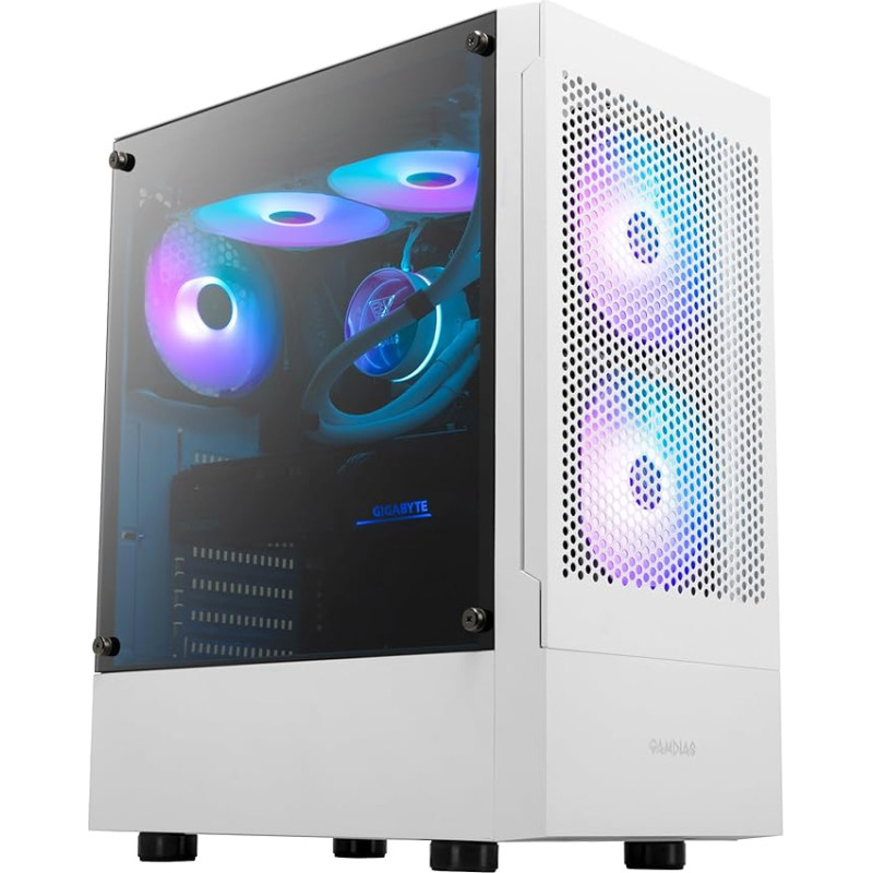 GAMDIAS ATX Mid-Tower žaidimų kompiuterio korpusas, su 3 x 120 mm ARGB ventiliatoriais, didelio oro srauto tinkleliu priekyje, grūdinto stiklo šonine panele, maitinimo bloko dangteliu, baltos spalvos