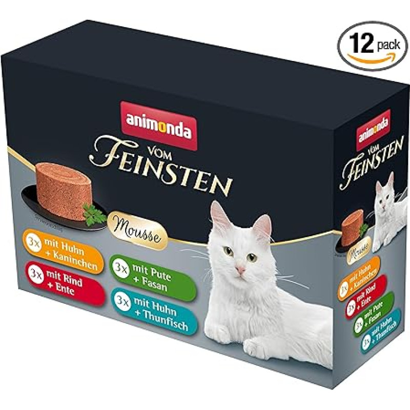 animonda Vom Feinsten Adult Cat Food Mousse Variety (12 x 85 g), drėgnas ėdalas suaugusioms katėms, be grūdų ir cukraus, švelnios konsistencijos