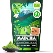 NaturaleBio Matcha Tea Powder Organic - Premium Quality - 100 g. Originali žalioji arbata iš Japonijos. Japoniška, idealiai tinkanti gerti. Žalioji arbata Latte, kokteiliams gerti. Pagaminta Udži mieste, Kiote.
