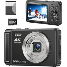Skaitmeninis fotoaparatas 4K FHD Vlogging Compact Camera su 64MP su 16x skaitmeniniu priartinimu, įkraunamas su 2,8