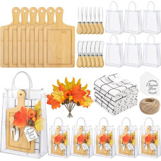 Kochorie 6 Sets Herbstgeschenke, Brautparty, 43 Stück, quadratisches Käsebrett aus Holz mit Messern, Gabeln, Küchentüchern, Tags, vormontierte Geschenke für Herbst, Erntedankfest, Partyzubehör