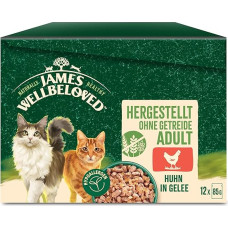 JAMES WELLBELOVED 12 x 85 g porcijiniai maišeliai katėms, drėgnas ėdalas be grūdų, vištiena drebučiuose