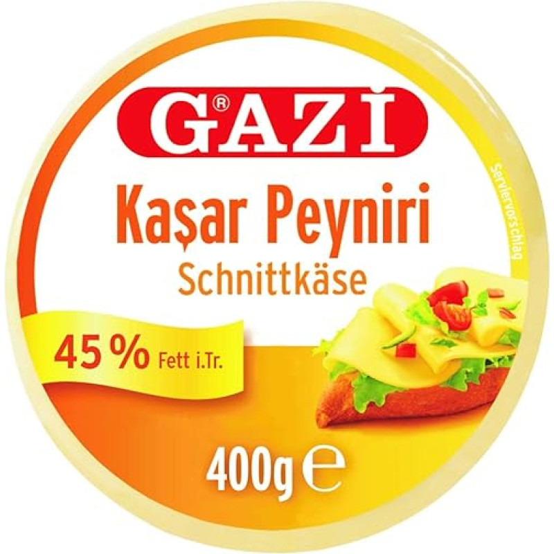 Gazi Kashkaval Pjaustytas sūris - 1 x 400 g Vakuuminis - Kasar Peyniri Kietasis sūris Karvės sūris Sūris pagamintas iš karvės pieno 45 % riebumo, skirtas picoms, kepiniams, vegetariškas, be glitimo, Halal