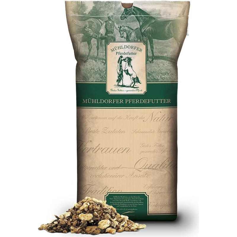 Mühldorfer 6-Korn Plus 20kg granulių be pilno grūdo grūdų su juodosiomis avižomis, specifinis maistas visiems žirgams ir poniams
