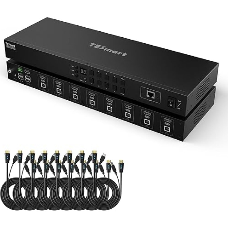 TESmart HDMI KVM jungiklis 8x1 8 prievadai 4K@30Hz USB 2.0 Rackmount KVM Enterprise Grade EDID emuliatorius Karštųjų klavišų jungiklis RS232 LAN prievadas IR nuotolinis IP valdymas Automatinis nuskaitymas su 8