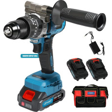 Akumuliatorinis gręžimo rinkinys, 1/5,1 cm bešepetėlinis smūginis gręžtuvas, gręžimo rinkinys su 2 x 2,0 Ah akumuliatoriais ir įkrovikliu, LED lemputė, 20+2 sukimo momento nustatymai, 2 greičiai, elektrinis atsuktuvas su