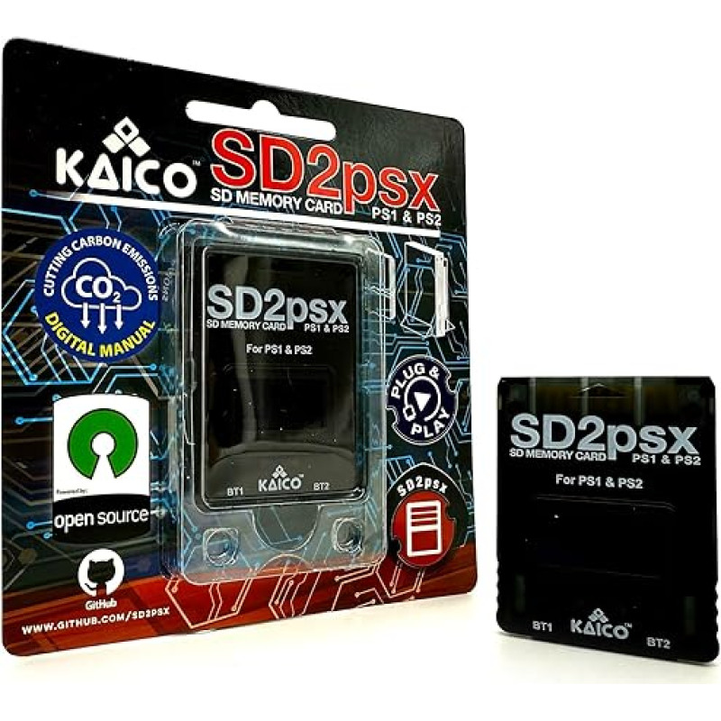 Kaico PSXMemCard Gen2 Speicherkarte Kompatibel mit PlayStation 1 & 2 - Firmware-Upgradefähig - Unbegrenzter Speicher - Inkl. 8 GB MicroSD - Hochgeschwindwindigkeits-Speicherkarte für PS2/PS1/PS One Konsole