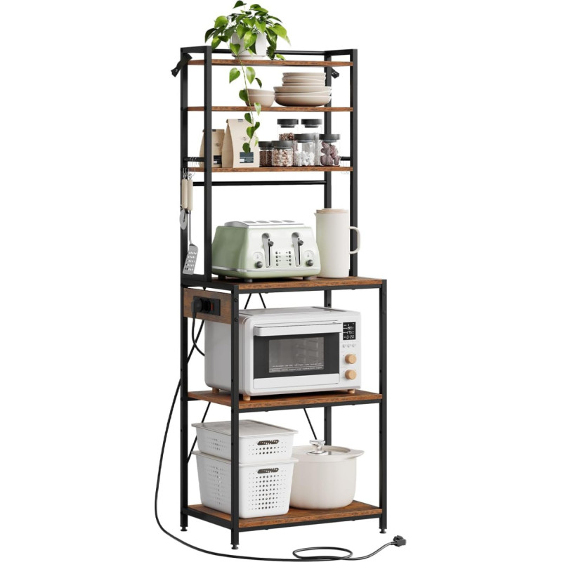 WOLTU 6 pakopų virtuvės stovas su lizdais, mikrobangų krosnelės stovas su 6 kabliukais, kepimo stovas su metaliniu rėmu, reguliuojama lentyna, juoda+rustikinė ruda, 60 x 167 x 40 cm