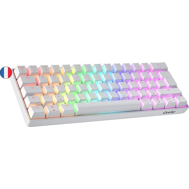 Geeky GK61 60% | Mechaninė žaidimų klaviatūra | 62 klavišai su įvairiaspalviu RGB LED apšvietimu, skirta PC/Mac žaidėjams| ISO FR AZERTY prancūziškas išdėstymas (balta, mechaninė, juoda)