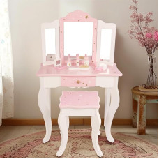 WOODENFUN Rožinis vaikų princesės tualetinis stalas su trigubu sulankstomu veidrodžiu, stalčiumi, stalčiumi, makiažo rinkiniu, žvaigždžių raštu, daugiafunkciniu mediniu tualetiniu stalu, skirtu vaikų gimimo dovanai
