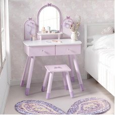 ROBUD Children's Dressing Table with Stool, Wooden Dressing Table Play Set with Mirror, Jewellery Hooks, Drawers & Accessories