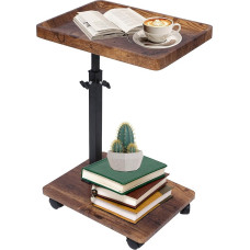 Šoninis staliukas su ratukais, reguliuojamas šoninio staliuko aukštis (45-80 cm), mediniai šoniniai C formos staliukai su 360° pasukamu riešutmedžio apdailos paviršiumi, mažas kavos staliukas svetainei, sofai, sofai (Vintage Brown)