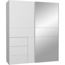 FORTE WINN 2 Baltos spalvos spinta su veidrodinėmis durimis, miegamojo spinta, stumdomų durų spinta su stalčiais ir veidrodžiu, 170 cm pločio x 200 cm aukščio x 61,2 cm gylio