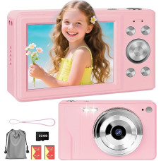 HERBYD Skaitmeninis fotoaparatas 56MP 1080P FHD Fotoaparatas su automatiniu fokusavimu 16x skaitmeninis priartinimas Nešiojamasis kompaktiškas fotoaparatas 2,8 colių LCD ekranas 32GB SD kortelė ir 2 baterijos paaugliams, pradedantiesiems (rožinis)