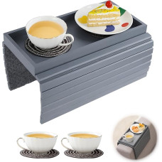 Sofos padėklas porankis, bambuko sofos padėklas sofos porankis stalas su puodelių kilimėliais, sulankstomas neslystantis sofos padėklas sofos porankio atramos lentyna užkandžiams, nuotolinio valdymo pultas, puodeliai (pilka)