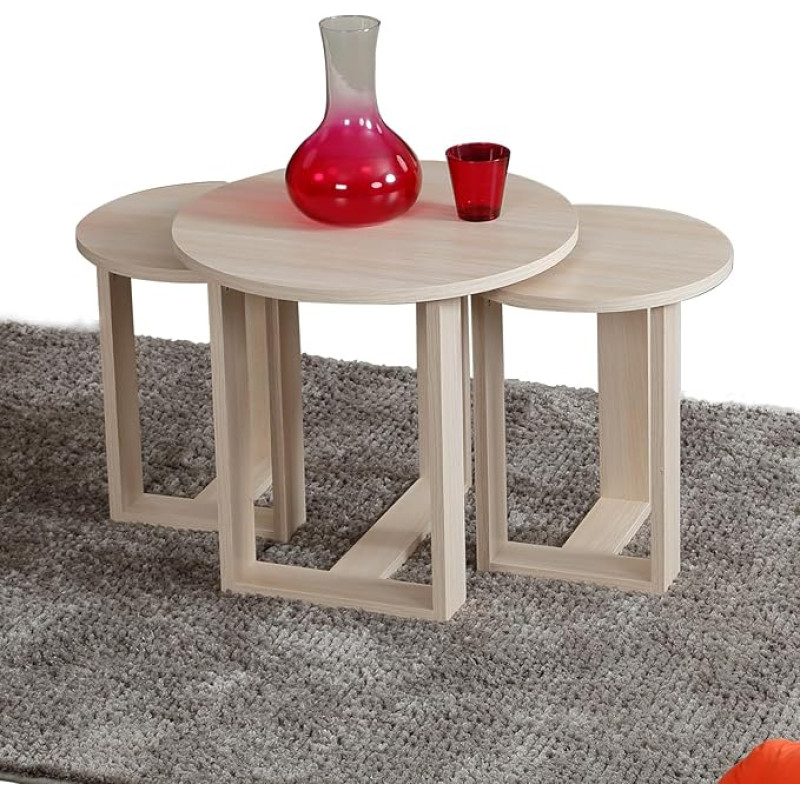 Elegantiškas ąžuolinis lizdinių staliukų rinkinys (3 dalys), 18 mm storio, 100 % melaminu dengta medžio drožlių plokštė, didelis: 52 x 47 x 52 cm, vidutinis: 36 x 43 x 36 cm, mažas: 36 x 41 x 36 cm, stilingas ir funkcionalus, skirtas moderniam