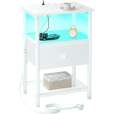 AMHANCIBLE Naktinis staliukas su įkrovimo funkcija ir LED lemputėmis, staliukas su medžiaginiais stalčiais, 3 pakopų sofos staliukas su atvira lentyna, medinė naktinė spintelė miegamajam, svetainei, balta EHETS01WT-1