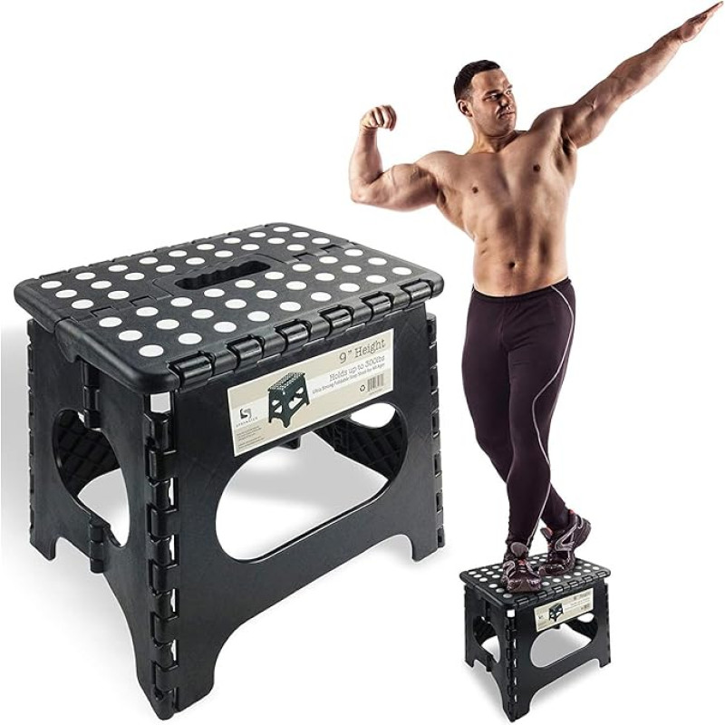 Sulankstoma 9 colių aukščio laiptelinė taburetė 300 svarų Lengva sulankstoma laiptelinė taburetė yra pakankamai tvirta, kad padėtų suaugusiesiems, ir pakankamai saugi vaikams.