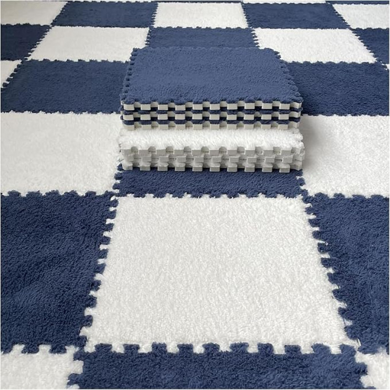 ouxei 100 Stück 12 X 12 X 0,4 Zoll Plüsch-Ineinander Greifende Teppichfliesen, Schaumstoff-Puzzlematten Für Den Heimboden(White Navy)