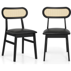 COSTWAY 2 medinių valgomojo kėdžių su paminkštinta sėdyne, dirbtinės odos užvalkalu ir rotango atlošu rinkinys, 2 laisvalaikio kėdės virtuvei ir valgomajam (juodos spalvos)