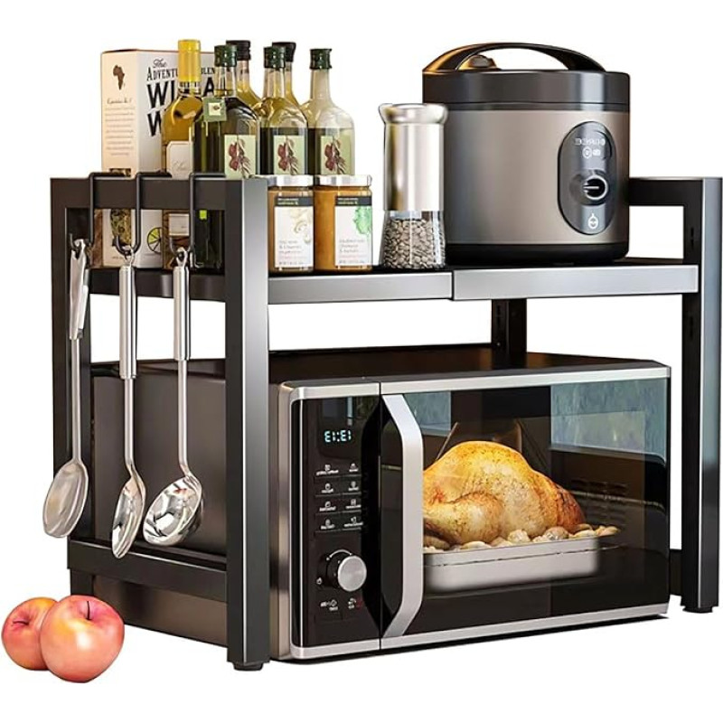 Mikrobangų krosnelės lentynos ištraukiamas mikrobangų krosnelės spintelės organizatorius: 2 pakopų orkaitės stovas Virtuvės lentyna Stovintis prieskonių stovas stalviršio kepyklos lentynoms Organizatorius (juodas + kablys)