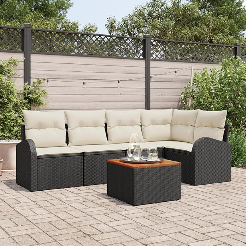Rantry 6-teiliges Garten Sofa Set mit Kissen Schwarz Poly Rattan Akazie, 2-Sitzer Garten Sofa mit Stauraum & Kissen Schwarz Poly Rattan Gartenlounge Model3356248