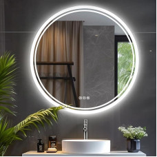 LUVODI Round LED Bathroom Mirror 80 cm: Bathroom Mirror Round Backlit Anti-Fog IP67 LED Wall Mirror Round with Light, 3 Touch Switches, Dimmable 3 Light Colours, Memory Function