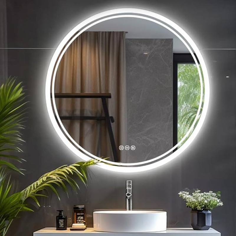 LUVODI apvalus LED vonios kambario veidrodis 80 cm: Vonios kambario veidrodis apvalus su apšvietimu IP67 LED sieninis veidrodis su šviesa, 3 jutikliniai jungikliai, reguliuojamas apšvietimas, 3 šviesos spalvos, atminties funkcija